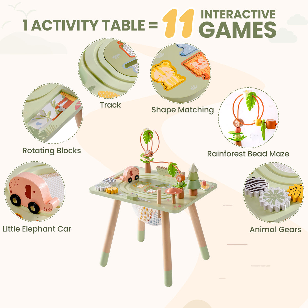 ROBUD 11 in 1 Rainforest Activity Table second games panel showing track, shape matching, rotating blocks and rainforest bead maze