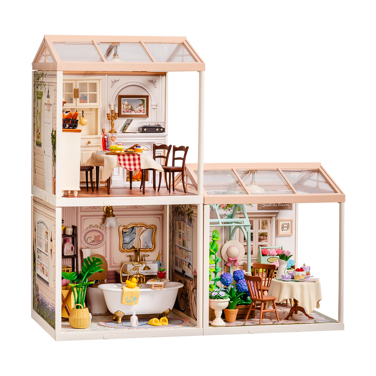 Rolife Super Creator 3 in 1 L Shape DIY miniature dollhouse kit, side profile detail shot