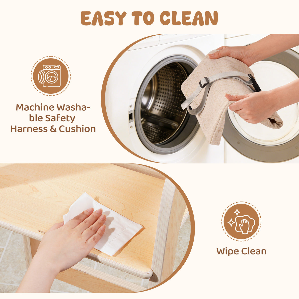 ROBUD high chair easy-clean feature showing machine-washable cushion placed into a washing machine and wipe-clean tray.