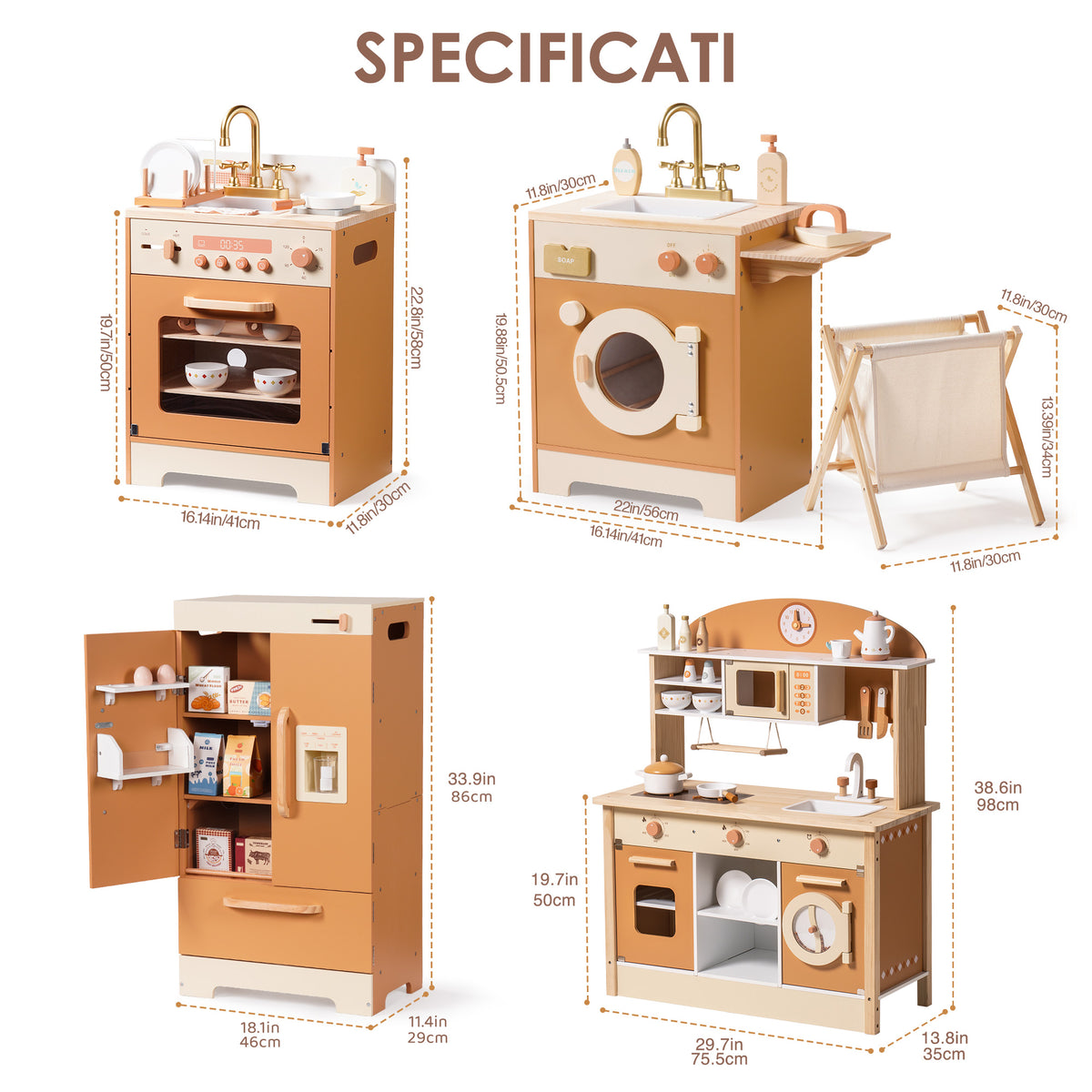 ROBUD Wooden Kids Kitchen Caramel Series specification diagram showing oven, dishwasher, laundry and refrigerator dimensions