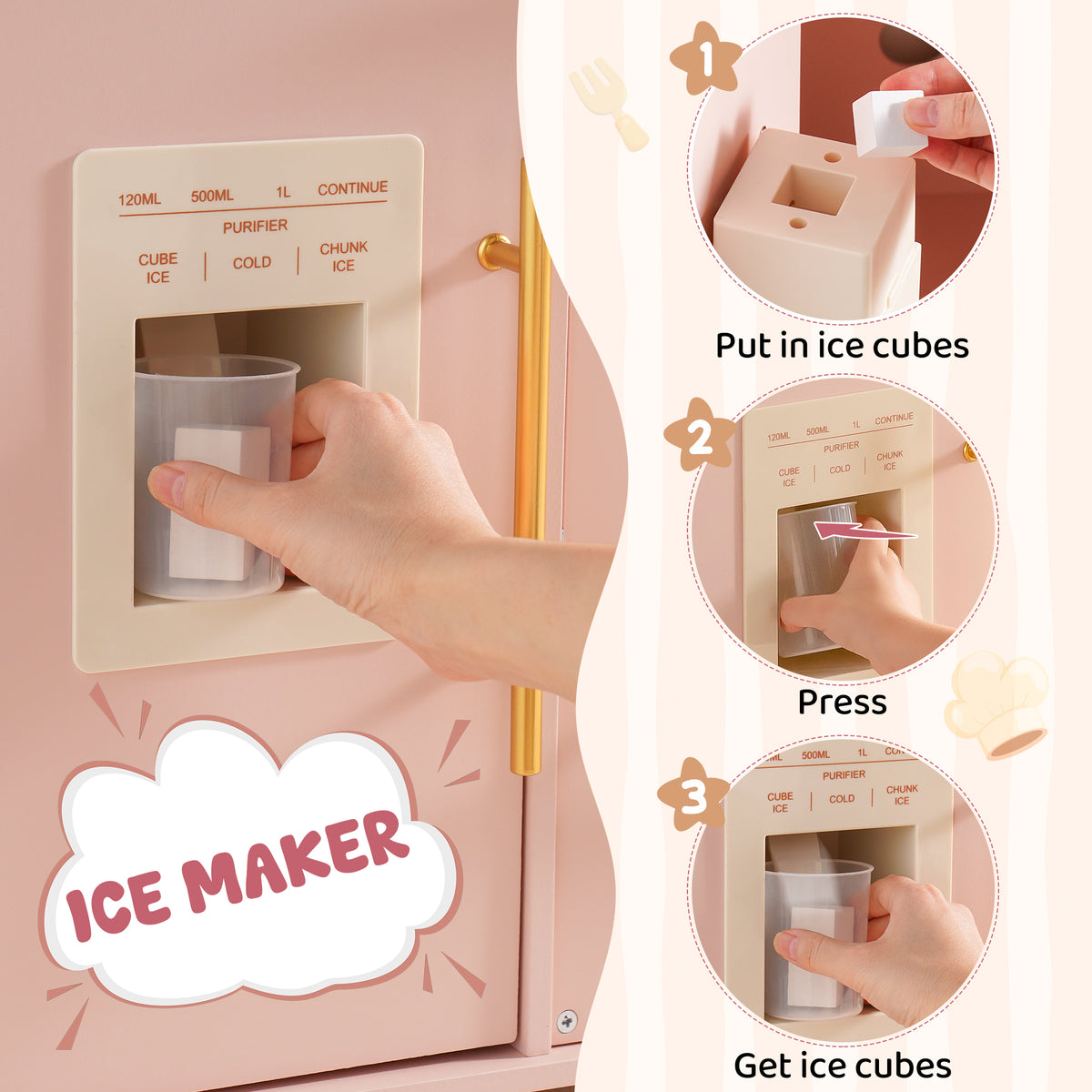 ROBUD Pink Baking Kitchen ice maker feature showing how to put in ice cubes, press button and dispense ice into a cup