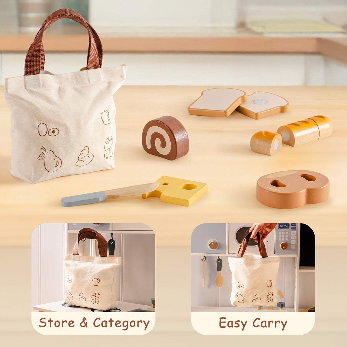 ROBUD wooden dessert cutting playset store and carry infographic showing tote bag with cheese, baguette, pretzel, and swiss roll on a countertop and bag in play kitchen