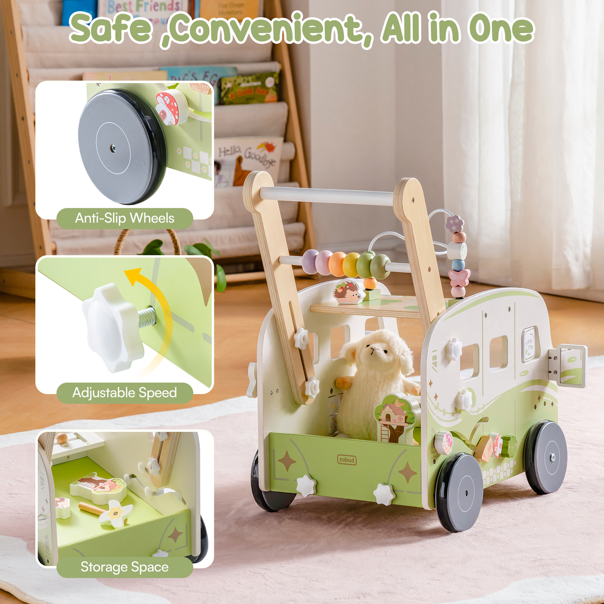ROBUD green bus walker safety feature panel showing anti-slip wheels adjustable speed dial and inner storage space.