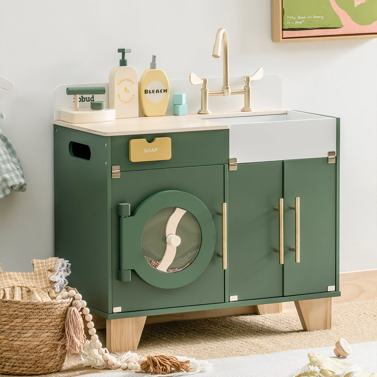 Robud wooden washing machine toy with sink basin and gold faucet on natural wood counter.