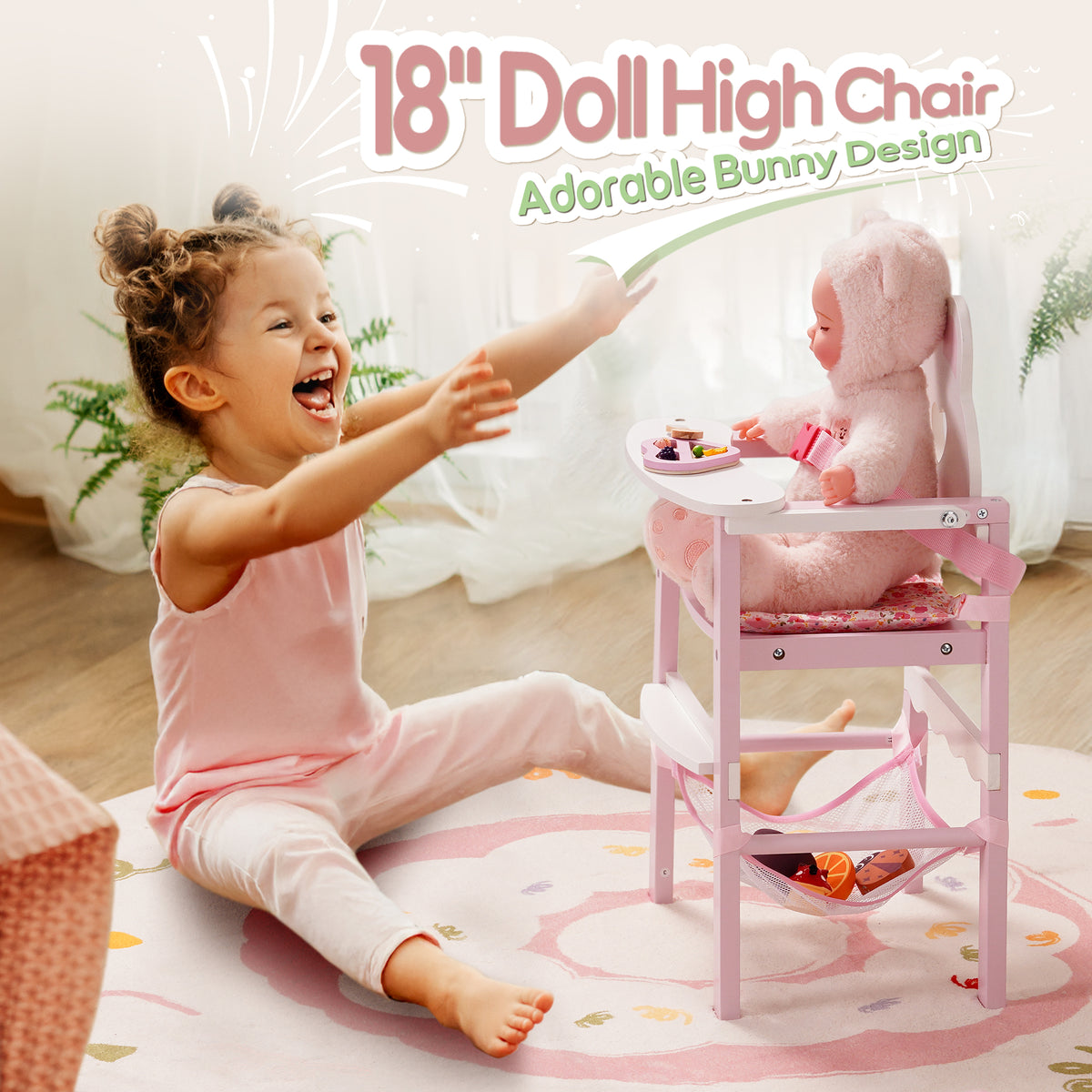 Two girls in white dresses playing with ROBUD wooden doll nursery set labeled Learning While Playing featuring rabbit bed and wardrobe