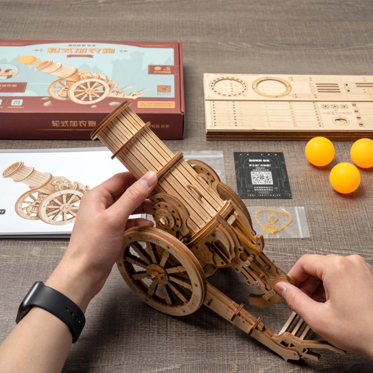 ROKR, 3D Wooden Puzzle Wheeled Siege Artillery, KW801, 3D wooden siege weapon puzzle, top-down view