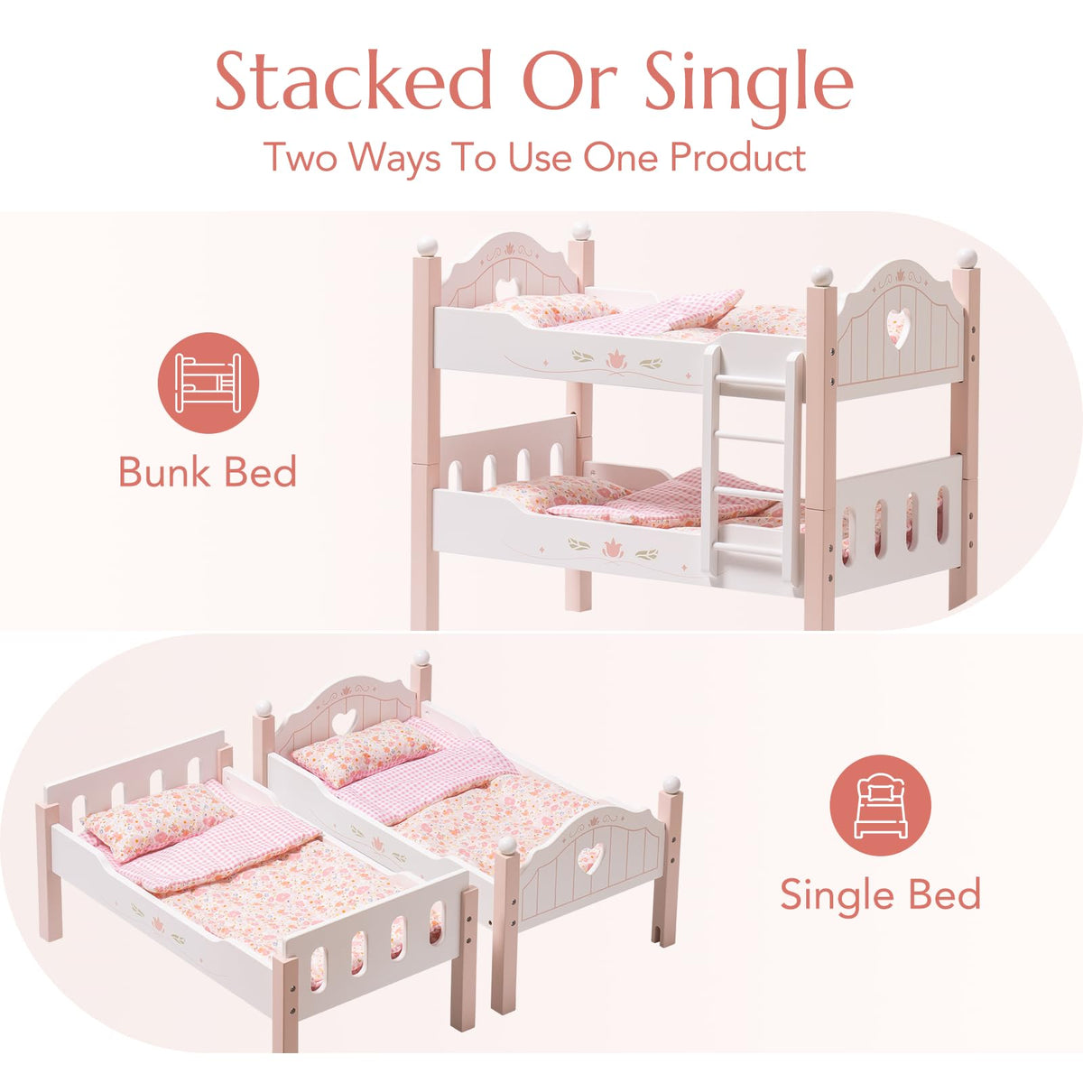 Robud pink doll bunk and single bed comparison infographic showing the two configurations: stacked bunk and two separate single beds with floral bedding