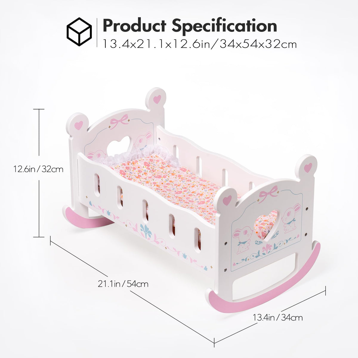 ROBUD baby doll cradle specification diagram showing dimensions 13.4 by 21.1 by 12.6 inches with pink crib outline