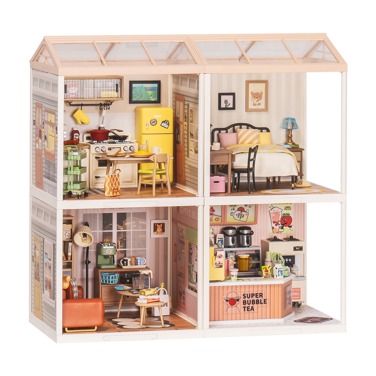 Rolife Super Creator 4-in-1 Four Grid miniature house side angle revealing a yellow kitchen, cozy bedroom, study nook and bubble tea cafe