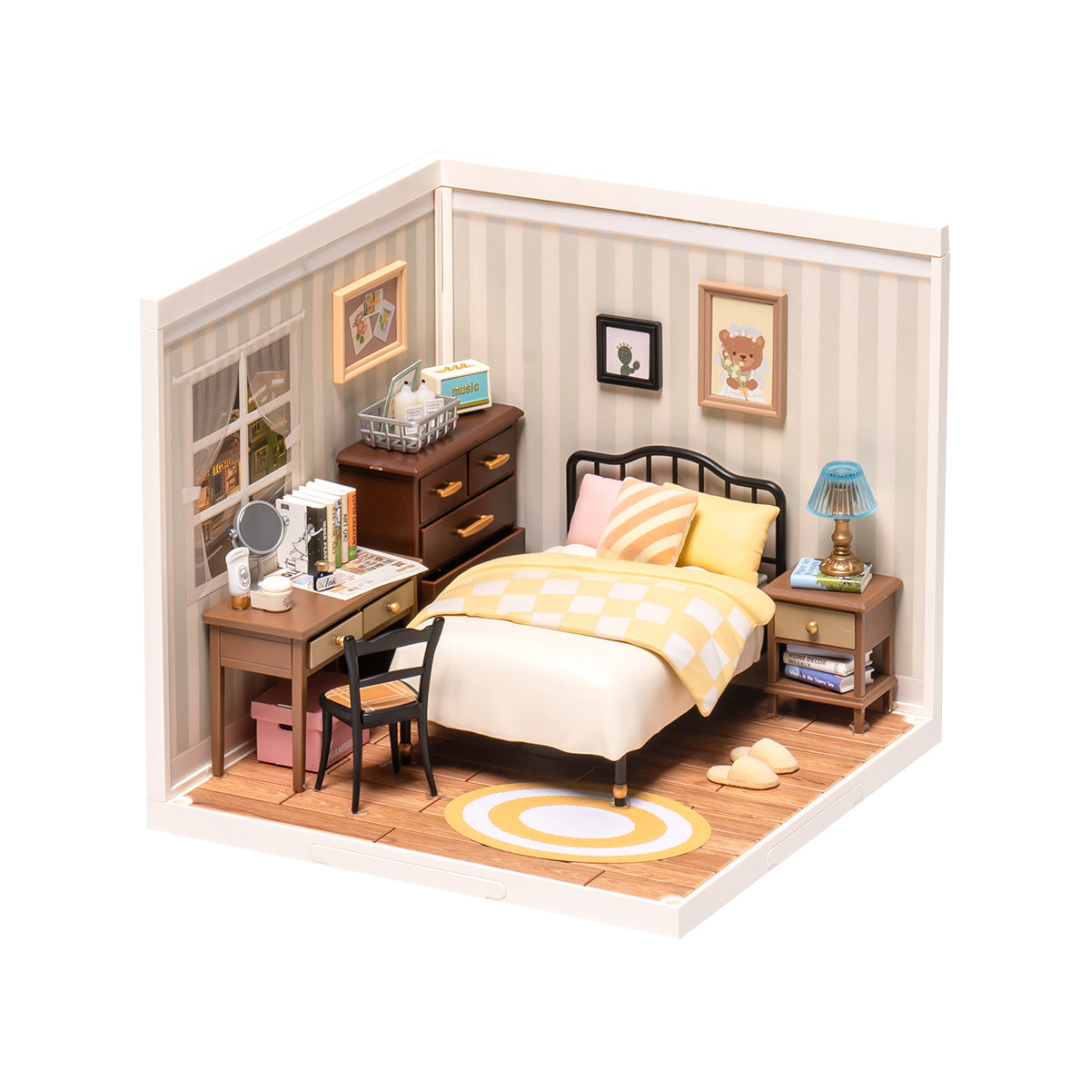 Rolife Super Creator miniature room collection top-down view showing open roofless diorama with detailed floor plan and furniture