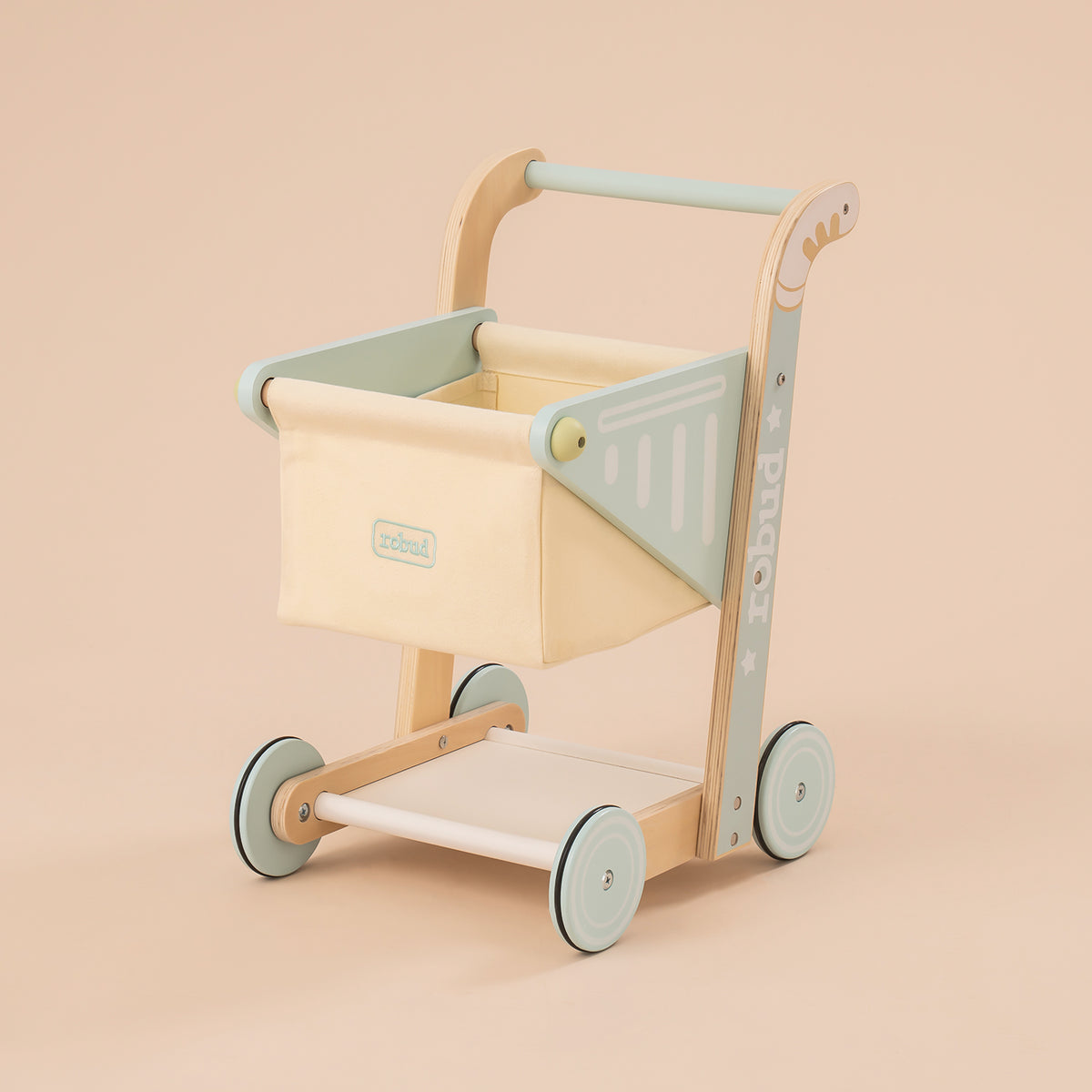 ROBUD wooden baby push walker WRP02 hero view showing natural wood frame with mint accent and four small wheels