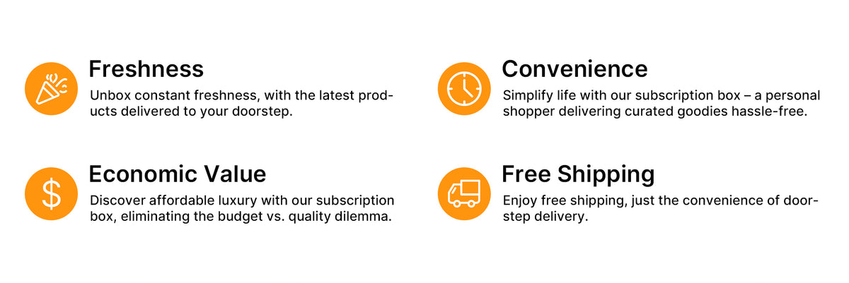Robotime subscription box features graphic with four orange icons describing freshness, convenience, economic value, and free doorstep delivery.
