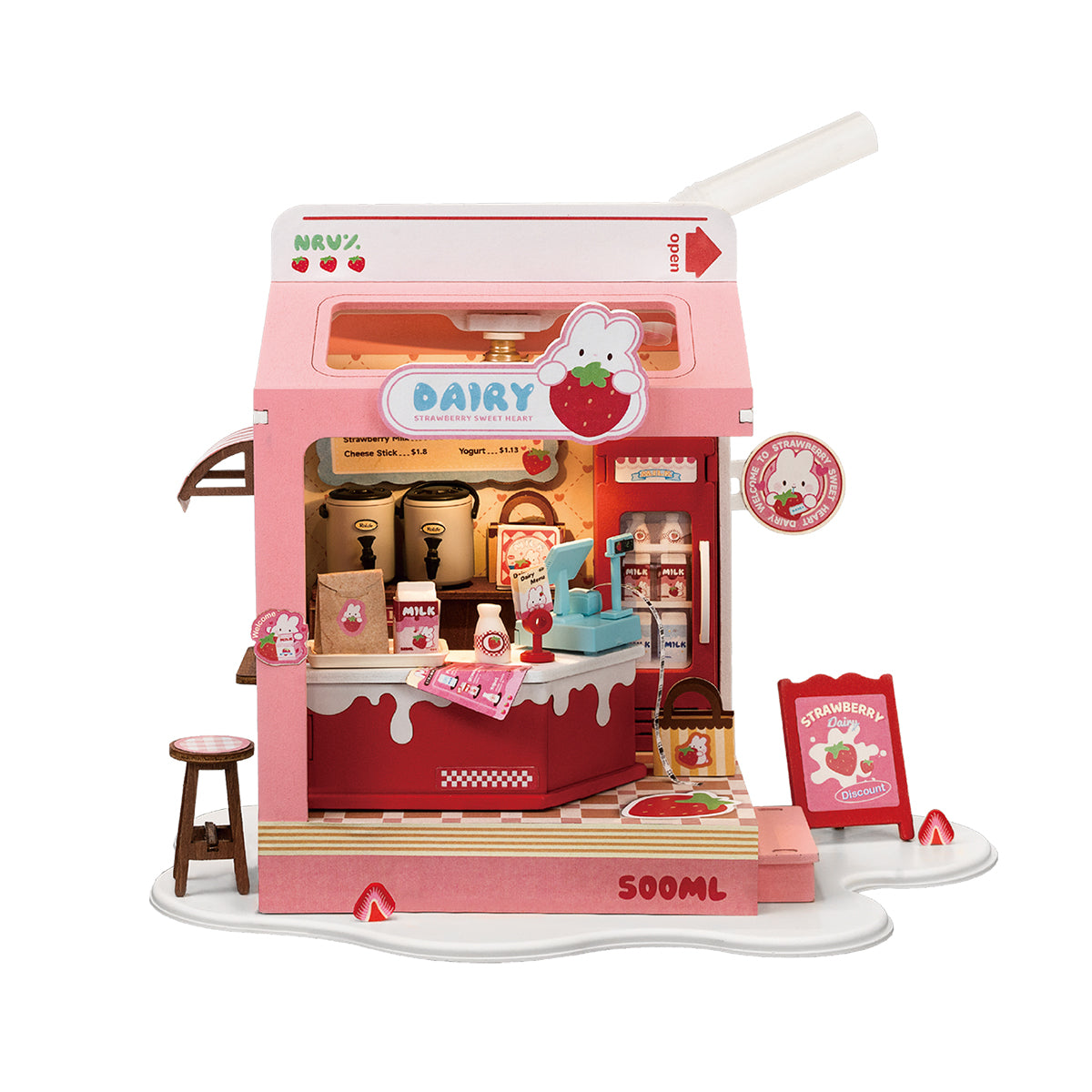 Rolife Food Box Shop DIY book nook miniature kit, scale comparison alongside accessories