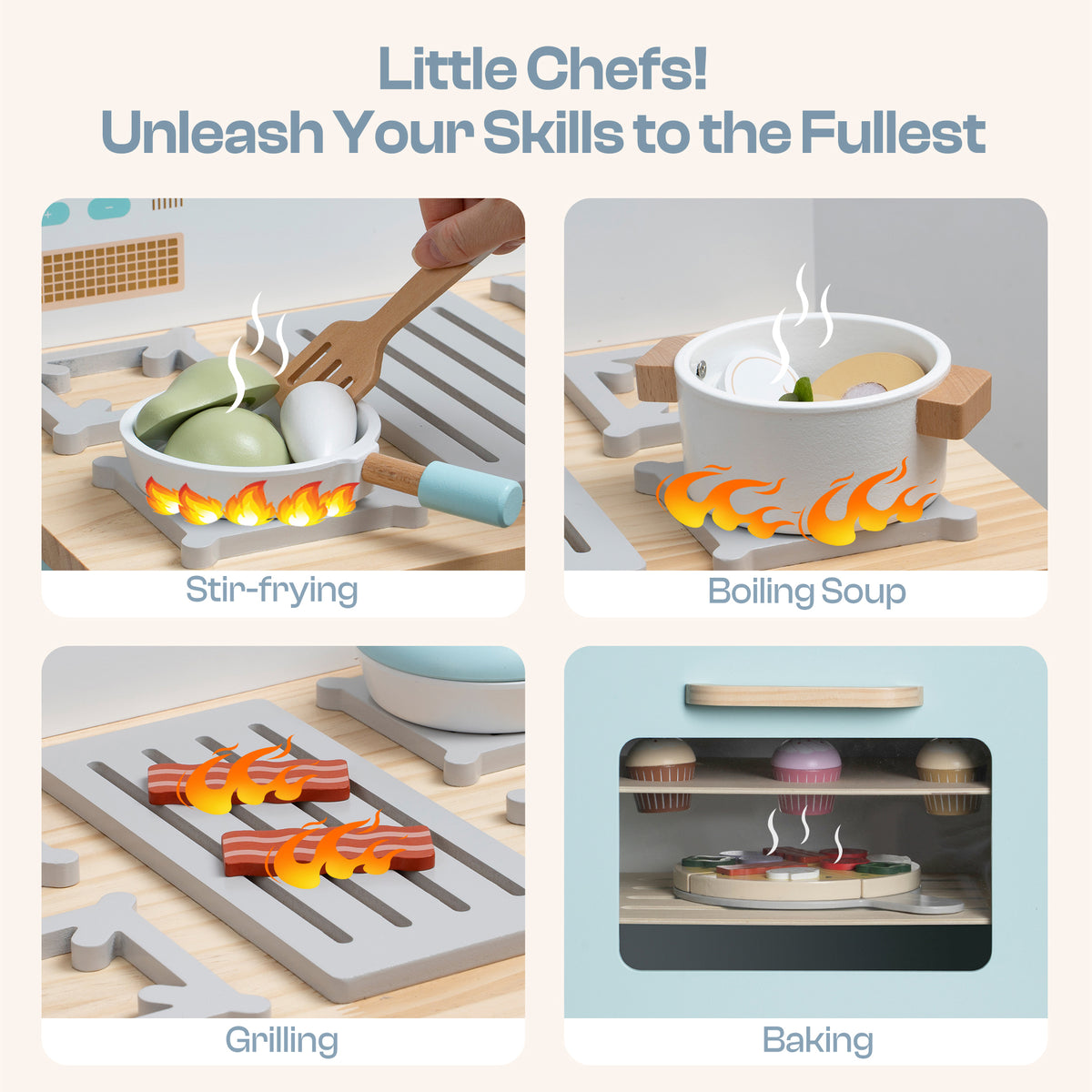 Robud wooden oven toy little chefs panel showing stir-frying, boiling, grilling and baking activities
