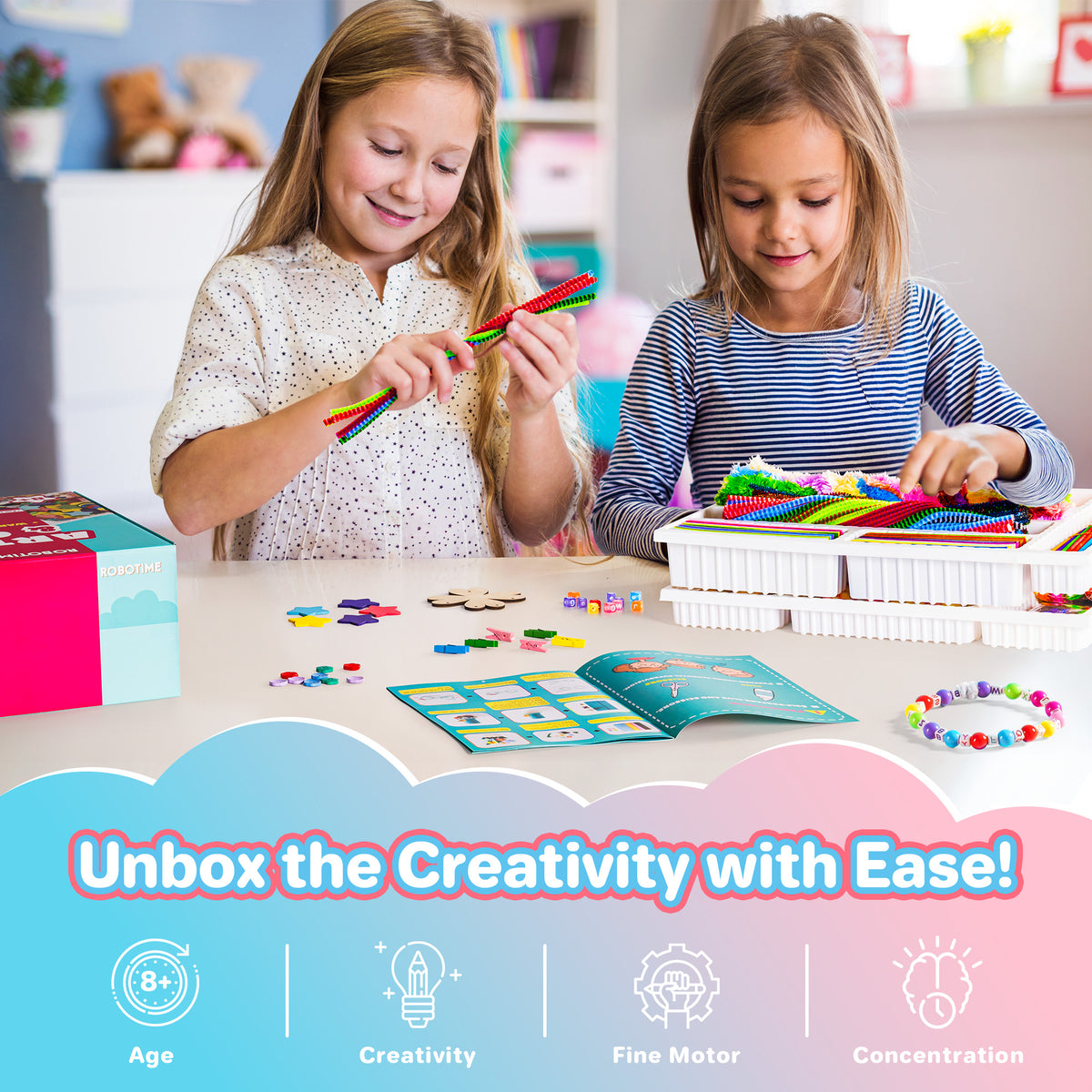 Two girls at a craft table using the Robotime Arts and Crafts PA001 tray with a bracelet displayed in the foreground and activity booklet open showing project ideas