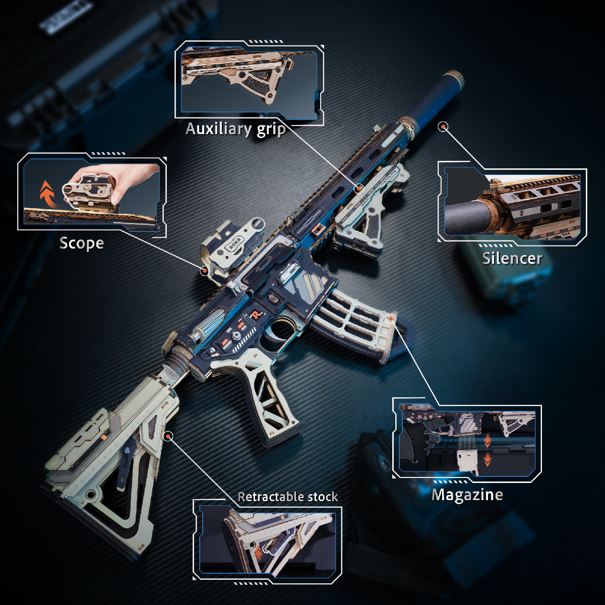 Wooden rifle model diagram labeling the scope, auxiliary grip, silencer, retractable stock and magazine