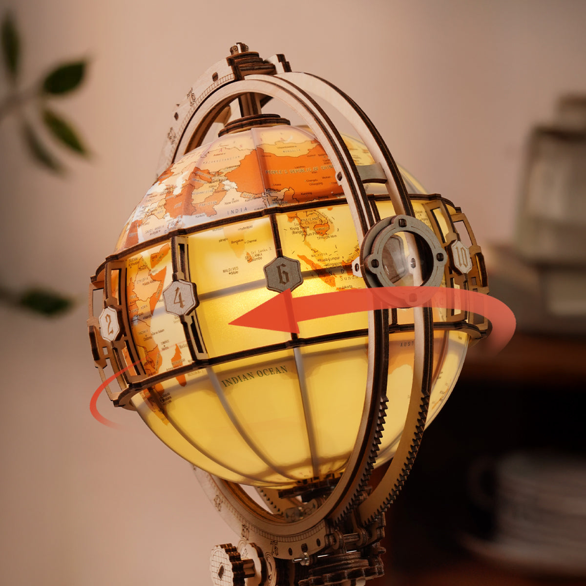 ROKR Luminous Globe 3D Wooden Puzzle ST003D (Electric Version) ST003D, close-up of interior components and accessories