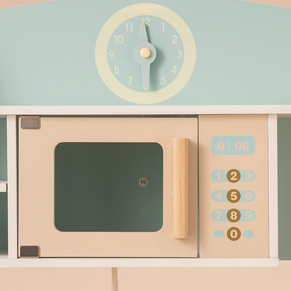 ROBUD play kitchen upper section with dark green microwave door, wall clock and numbered control panel