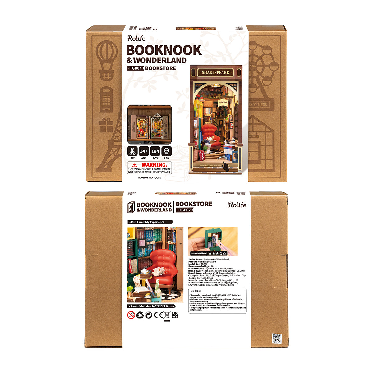 Rolife Bookstore Book Nook TGB07 DIY book nook miniature kit, angled three-quarter view of the build