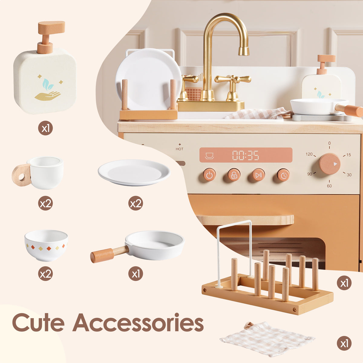 ROBUD Caramel Dishwasher cute accessories set including cups, plates, bowls, spatula and dish rack on white background