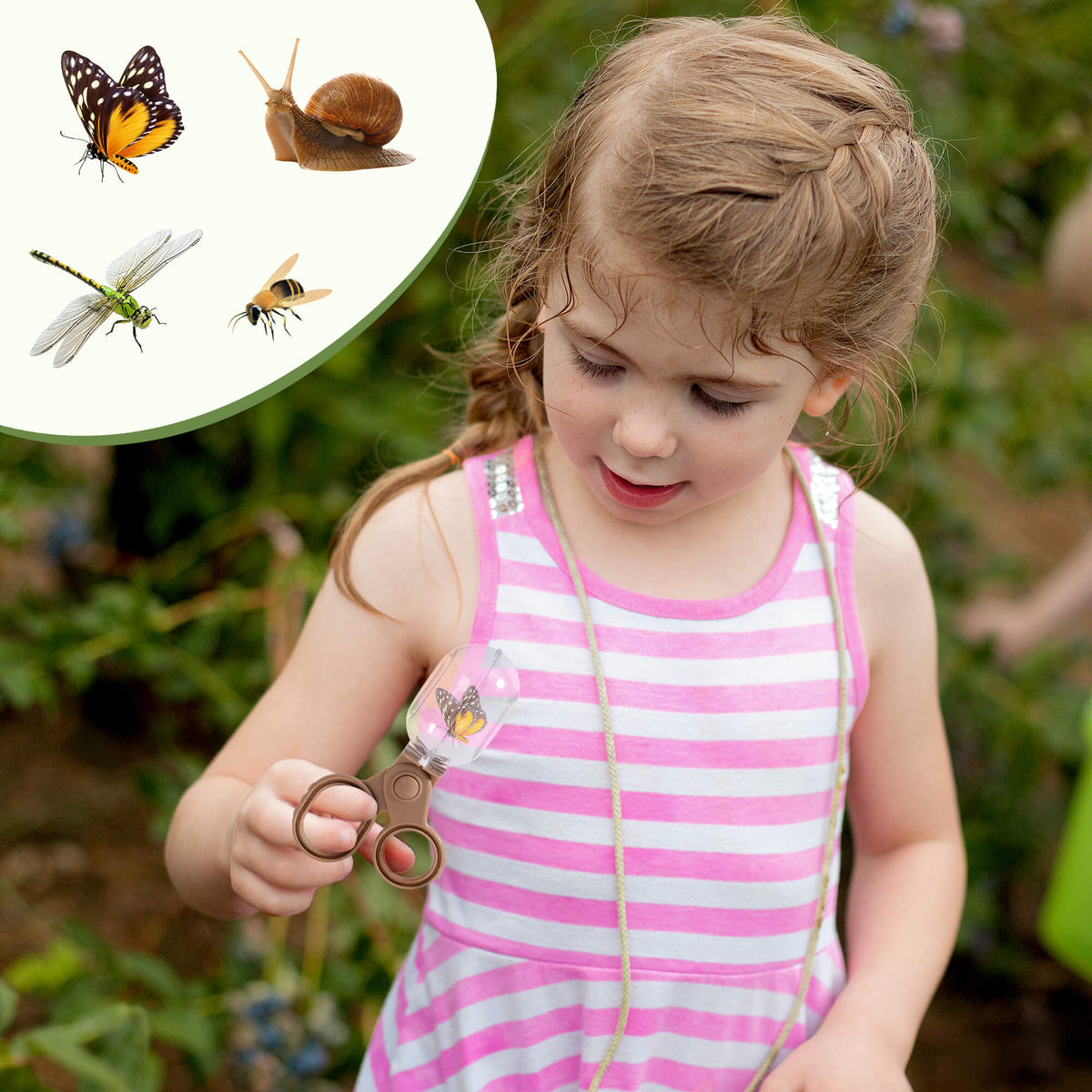 Young girl in pink striped dress examining a bug inside a transparent container using the ROBUD kids explorer tool in a garden