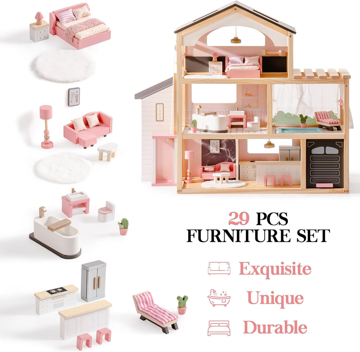 Robud wooden dollhouse front view showing three open floors with pink furnished bedroom, bathroom with pool, and living room, with 29-piece furniture set callouts