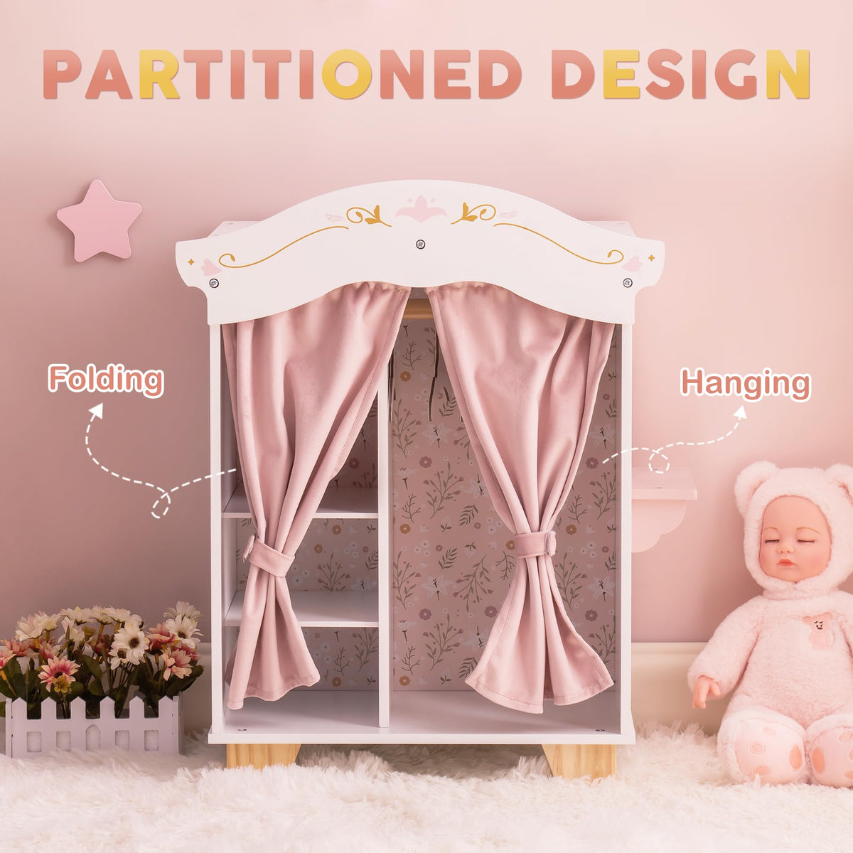 ROBUD wooden doll wardrobe with pink satin curtains parted to show partitioned interior with folding shelves and hanging rod.