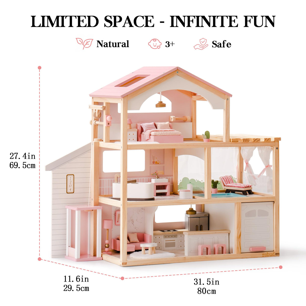 ROBUD wooden dollhouse dimension diagram showing 27.4 by 31.6 by 31.5 inches with natural, 3-plus and safe icons