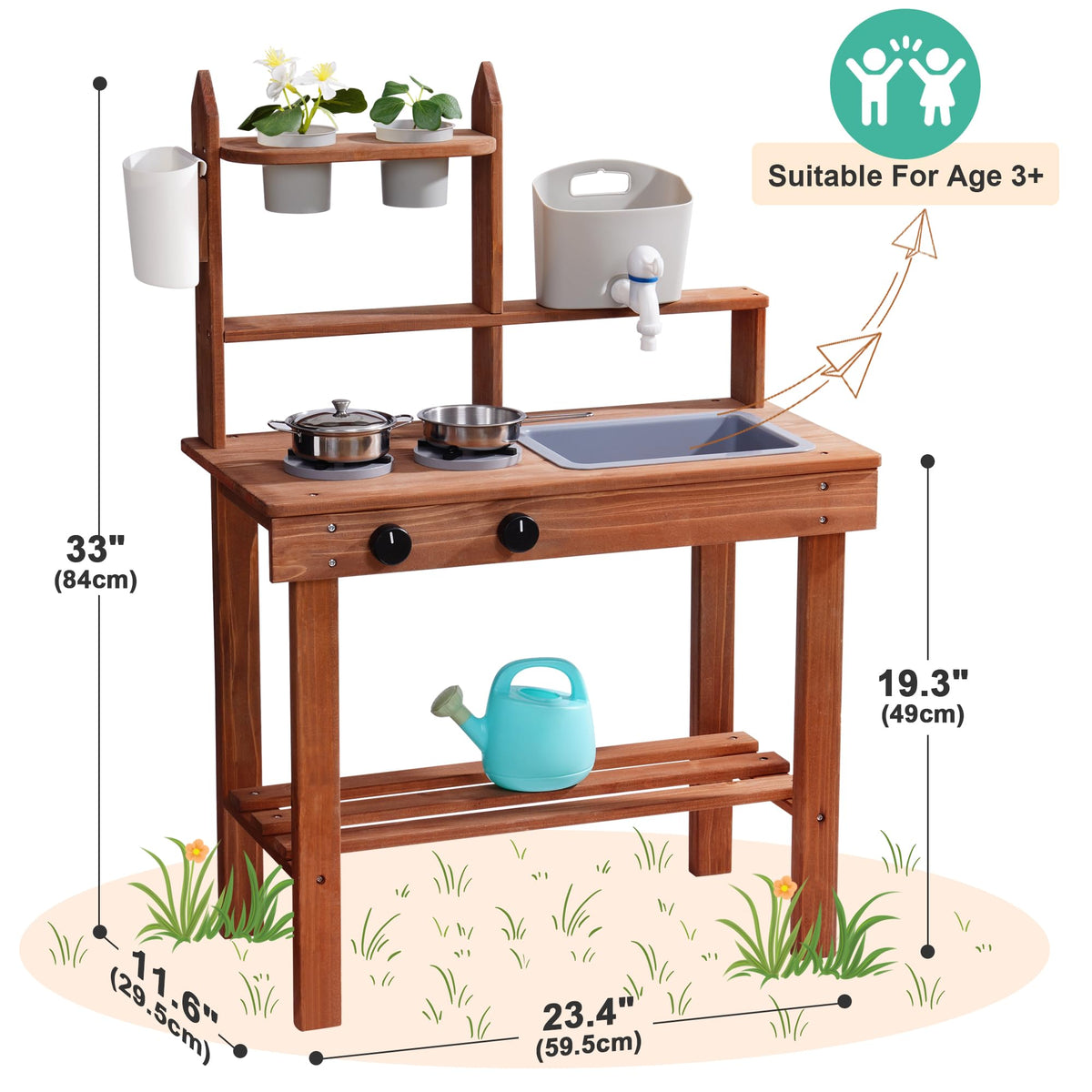 Robud outdoor wooden play kitchen with dimensions labeled, showing stovetop with pots, water dispenser, hanging planters, sink basin and storage shelf for ages 3 plus