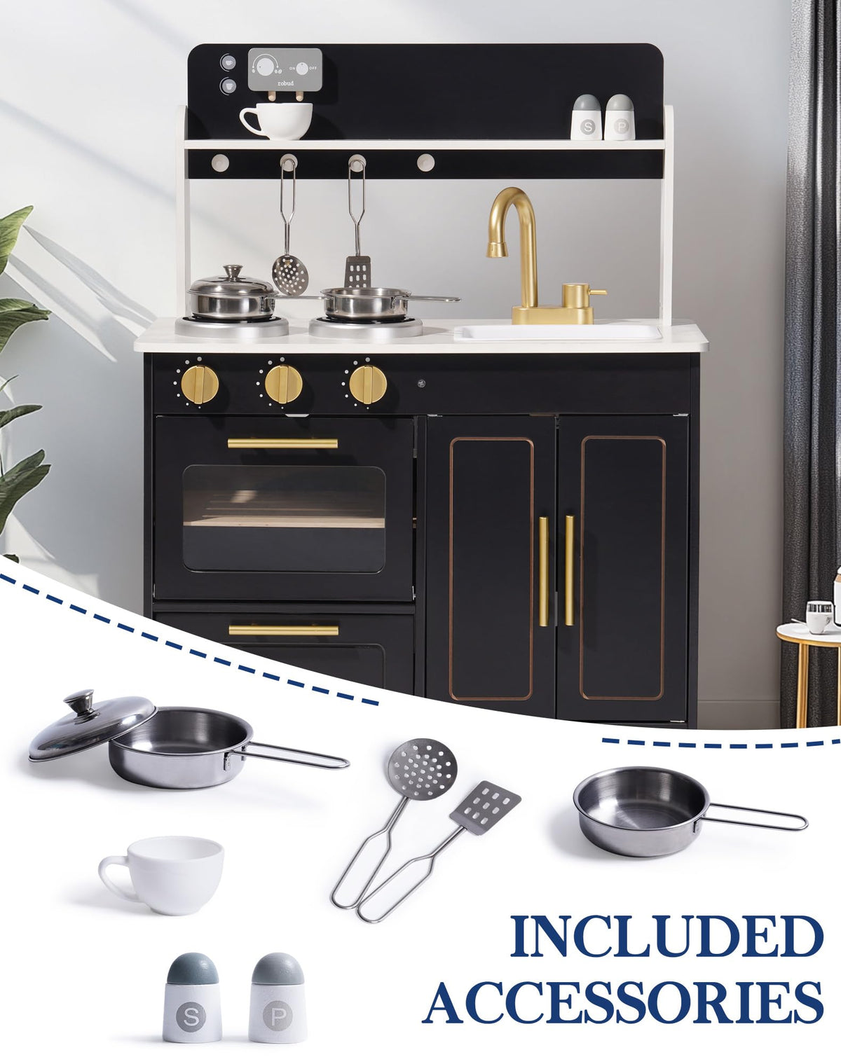 ROBUD obsidian kitchen playset shown with included metal pots and utensil accessories arranged beside it