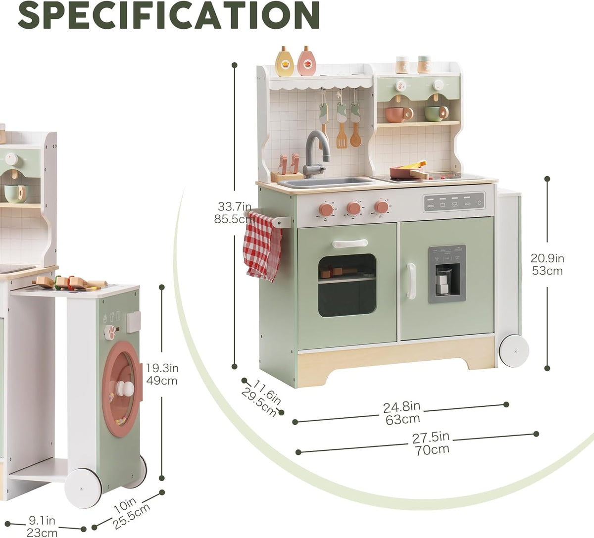 Robud wooden play kitchen expandable, feature callouts and dimensions