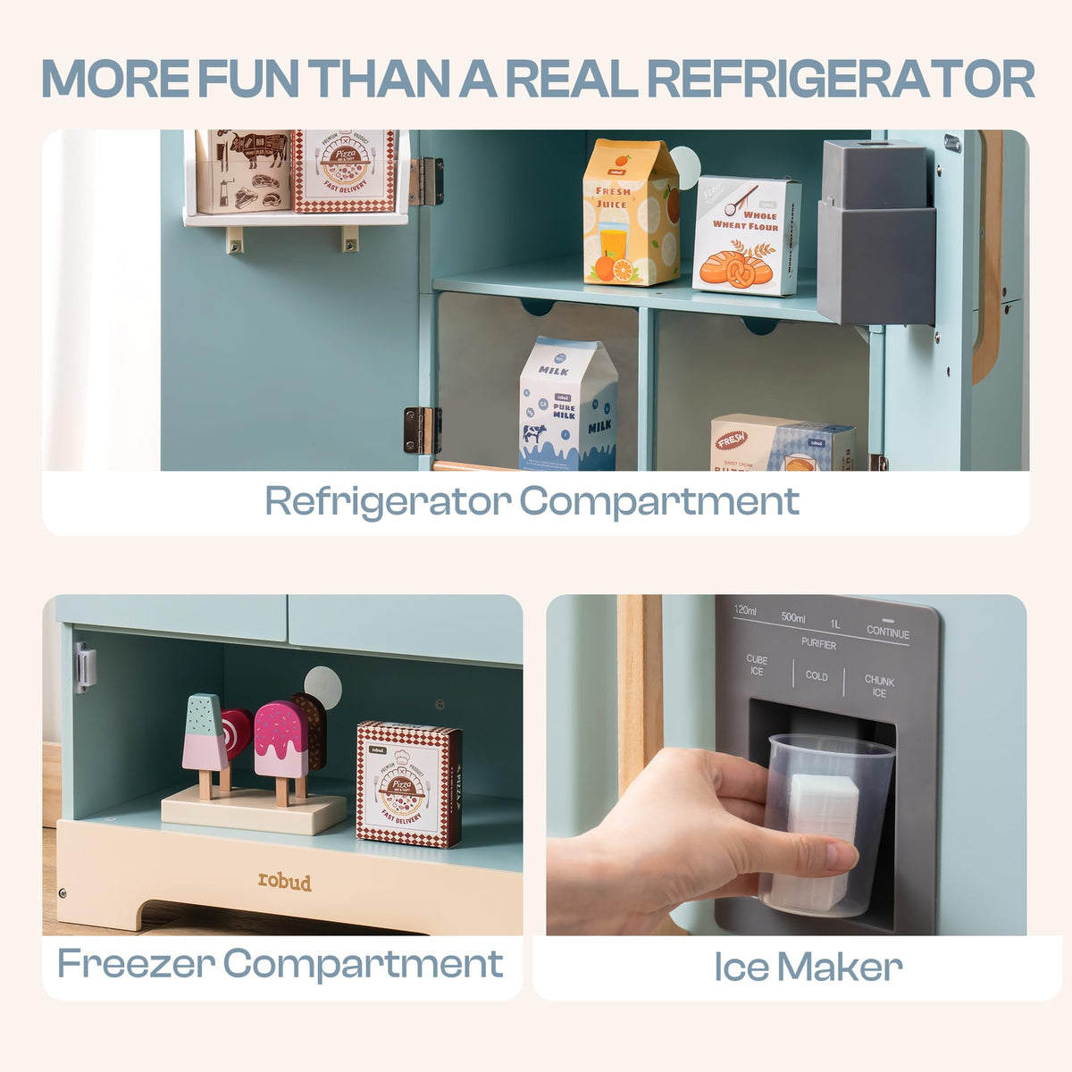 Robud Wooden Play Fridge Freezer Set for Kids 3D wooden model kit, lifestyle scene on a wooden desk