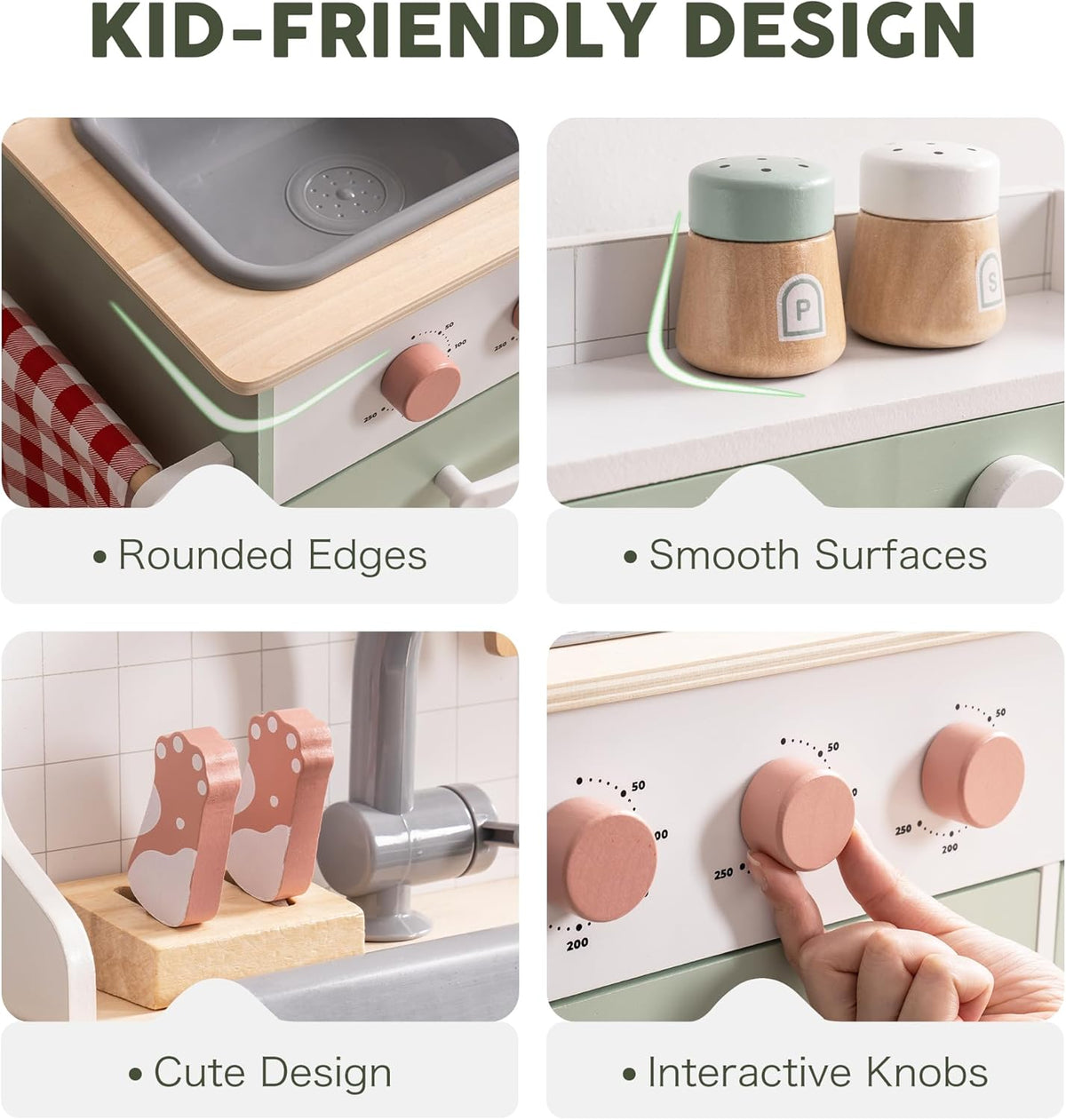 Robud wooden play kitchen expandable, lifestyle shot in home setting