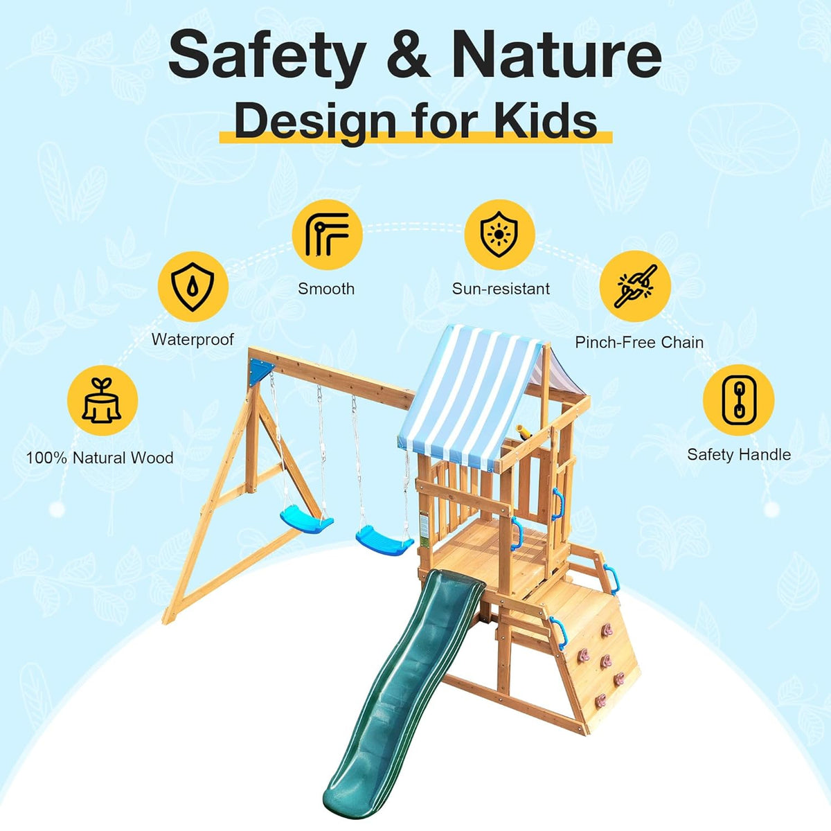 Robud wooden swing set, top-down view of components