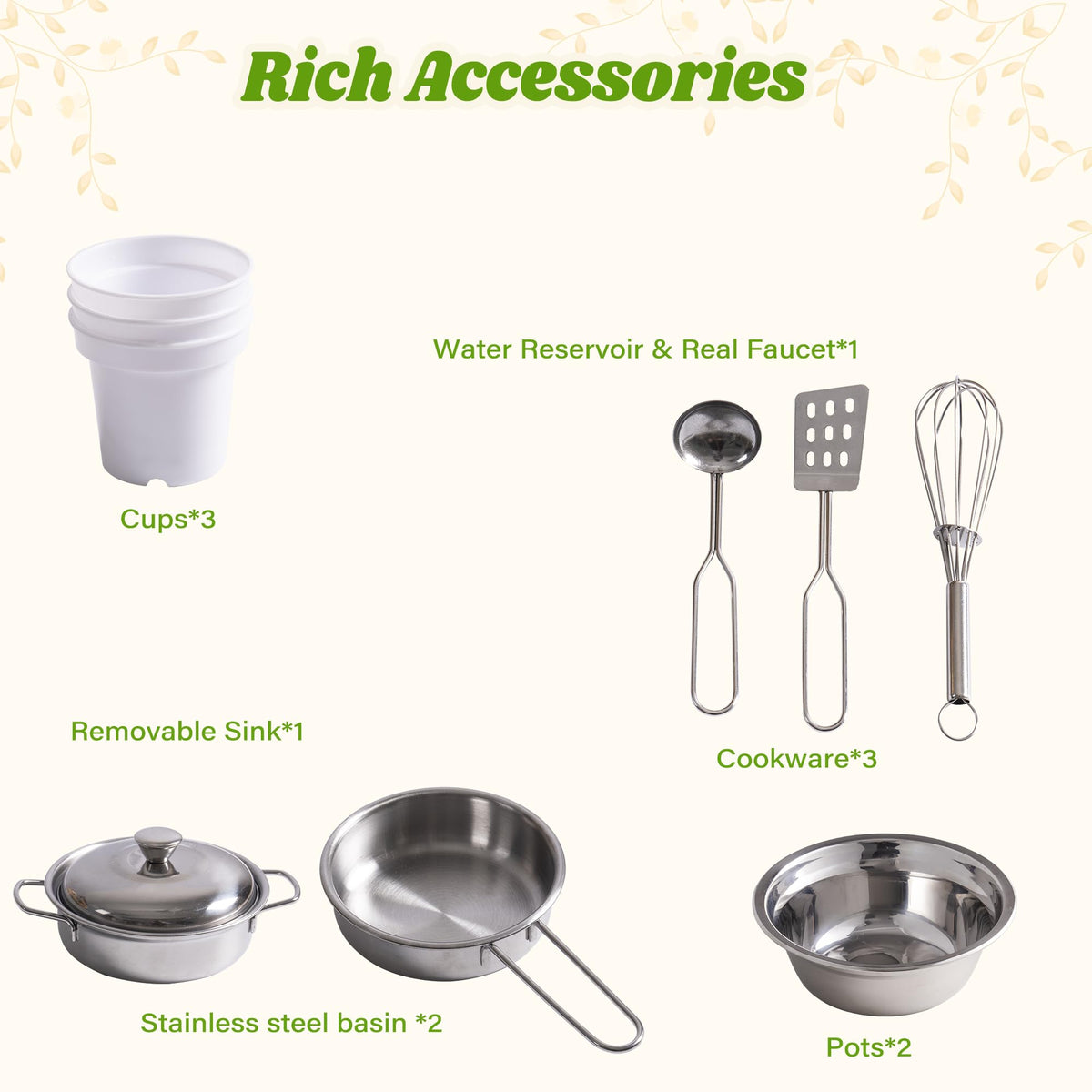 ROBUD outdoor wooden mud kitchen rich accessories infographic showing three cups, water reservoir with real faucet, three stainless steel cookware tools, two basins, and two pots