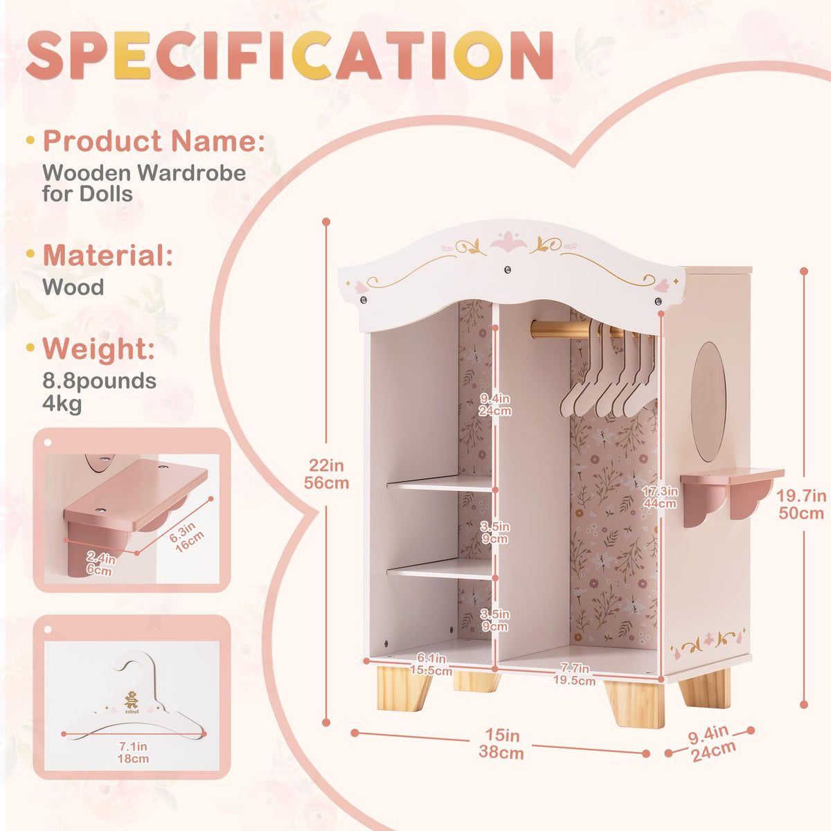 ROBUD Wooden Wardrobe for Dolls showing 22 in width, 19.7 in height, solid wood construction, and 8.8 lb weight.