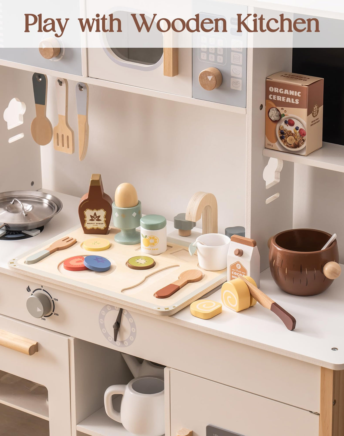 ROBUD play food kitchen set with wooden pots, utensils and realistic cream accessories on white kitchen counter