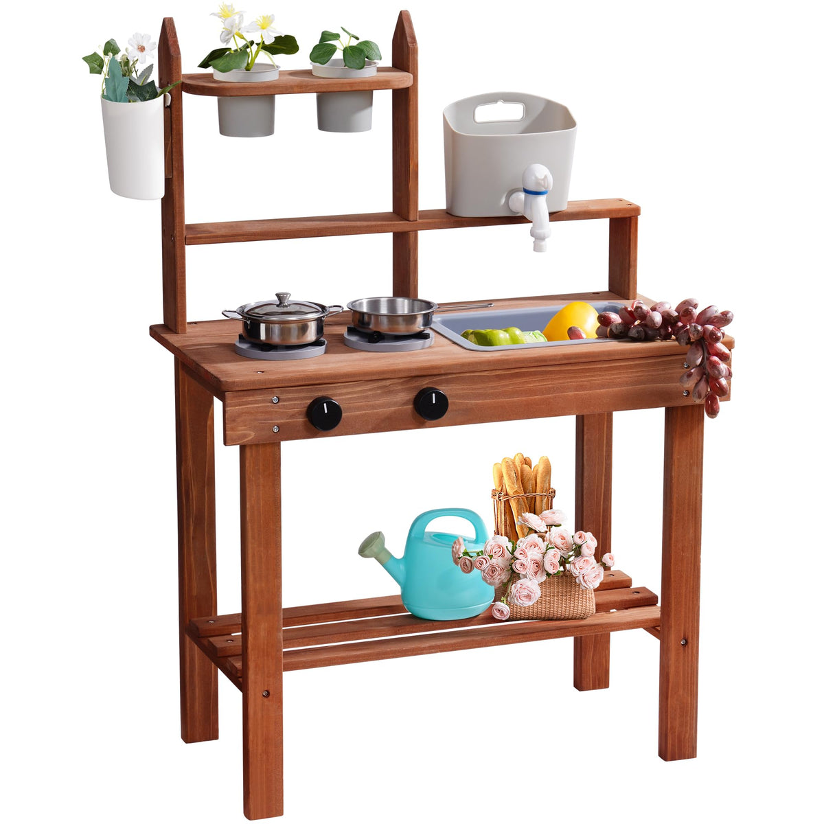 ROBUD brown outdoor wooden mud kitchen table with upper herb planter shelf, dual burner top, sink and lower storage shelf
