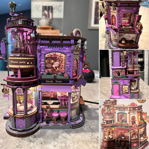 Rolife purple fantasy bakery miniature dollhouse lit from inside, shown in four assembled views.