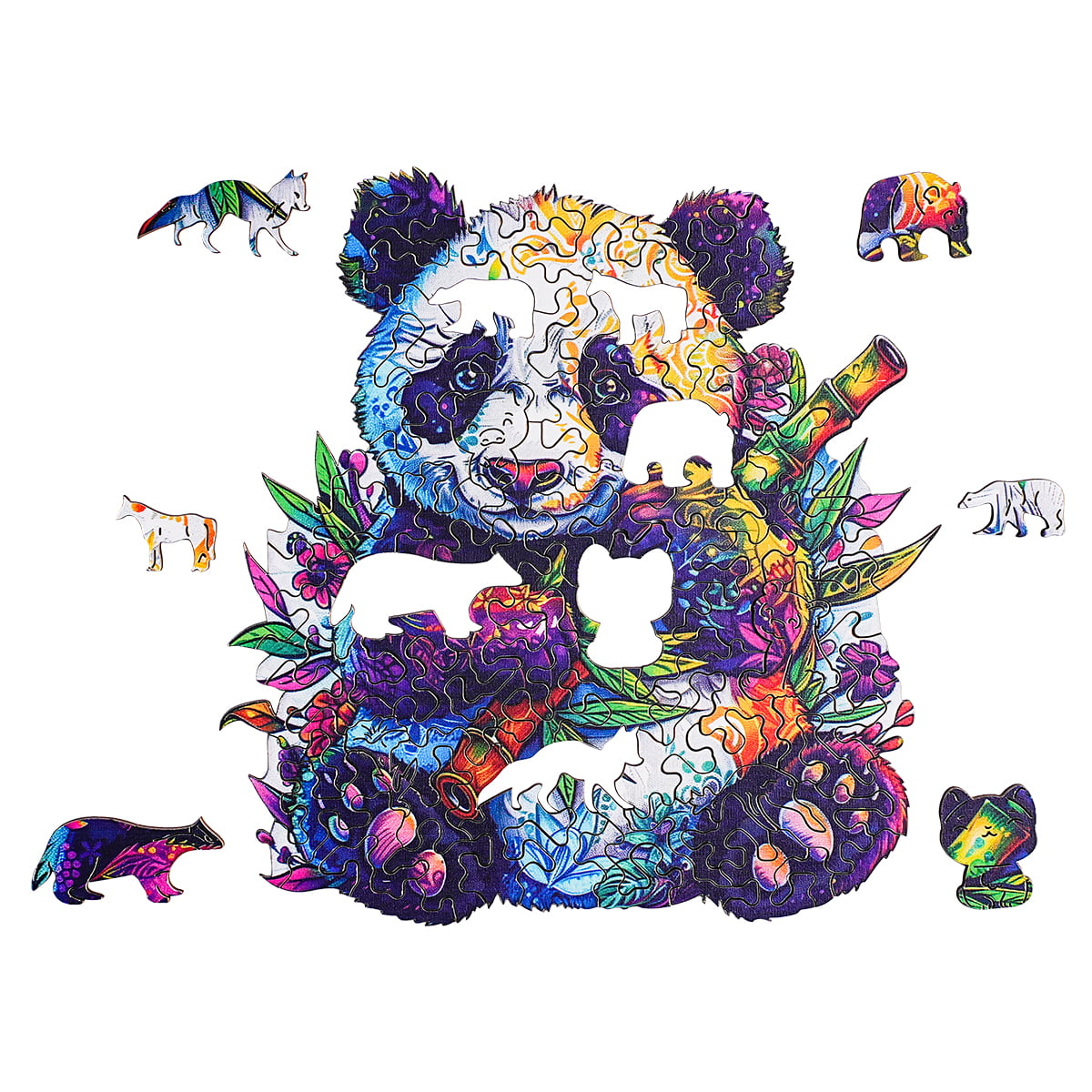 Completed Robotime Floral Panda wooden jigsaw puzzle in frame with vivid multicolored panda hugging bamboo and colorful animal-shaped bonus pieces around the border