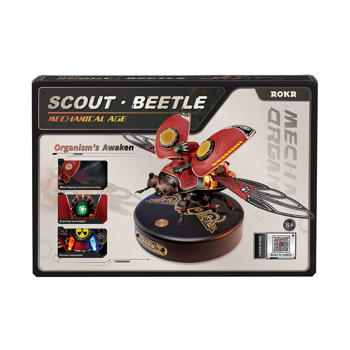 ROKR Scout Beetle Mechanical Age retail packaging box with illustrated product artwork and organism feature callouts