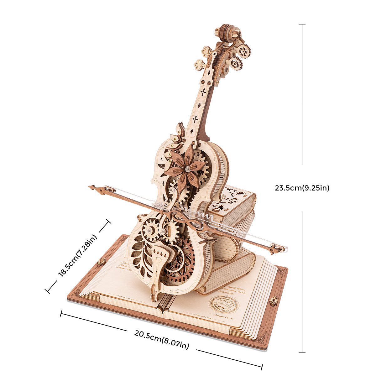 ROKR Magic Cello wooden music box dimension outline showing 20.5 by 23.5 cm with bow and open-book base labeled