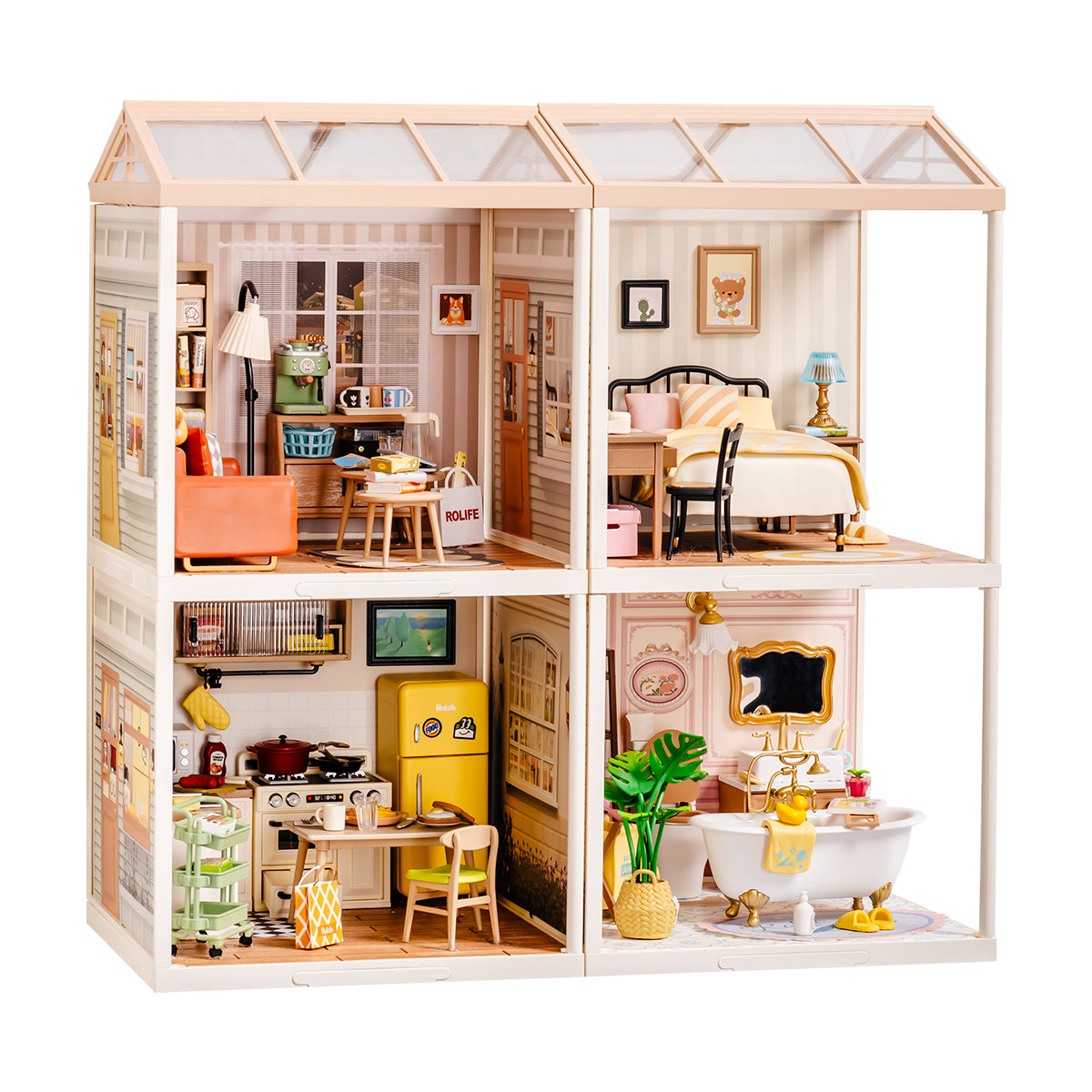 Rolife Super Creator four-grid DIY miniature house front-facing view showing four complete furnished rooms including bar, burger shop, tea shop, and bubble tea cafe