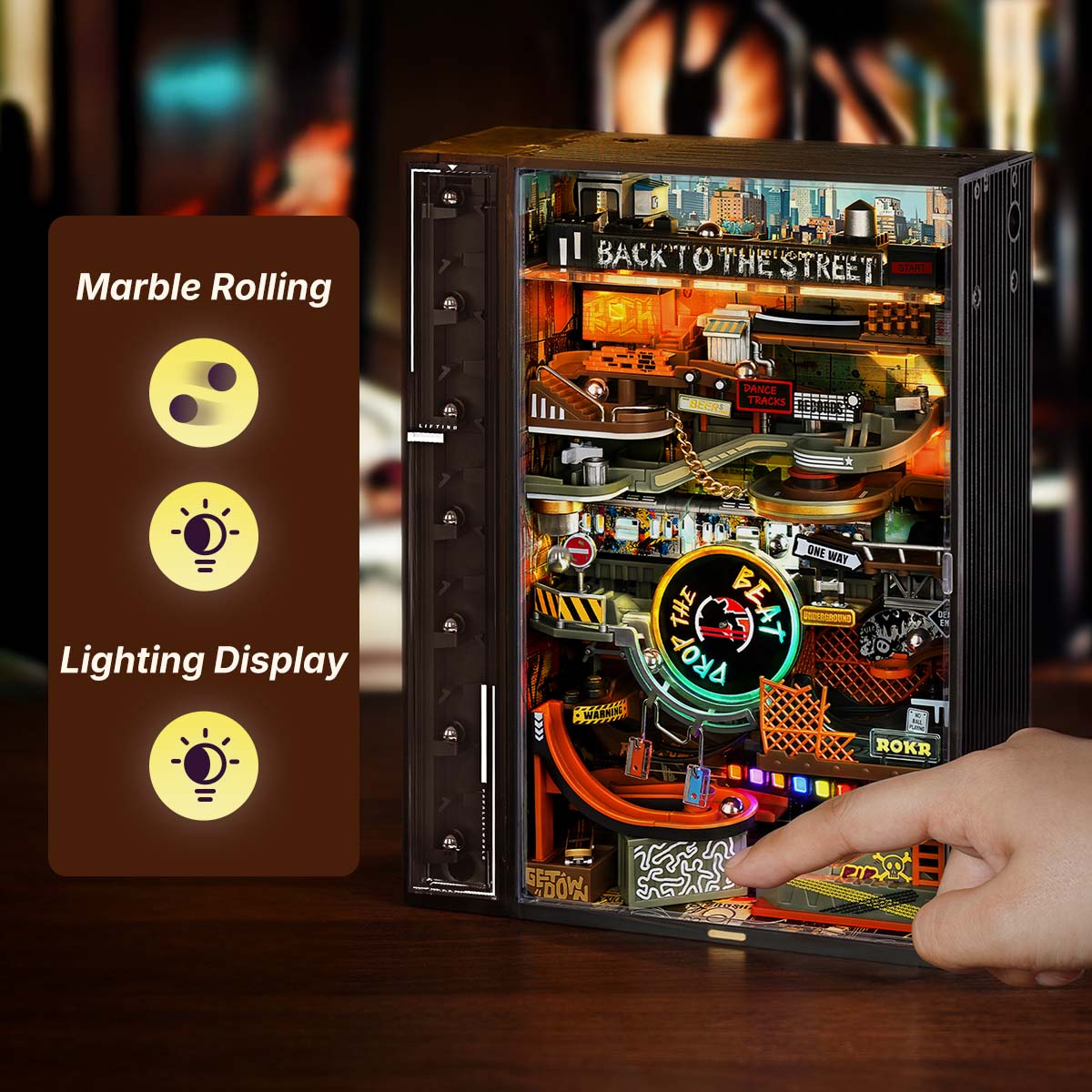 ROKR Hip-Hop Street Marble Run Mechanical 3D Puzzle MR03S, mechanical marble run 3D puzzle, styled photo