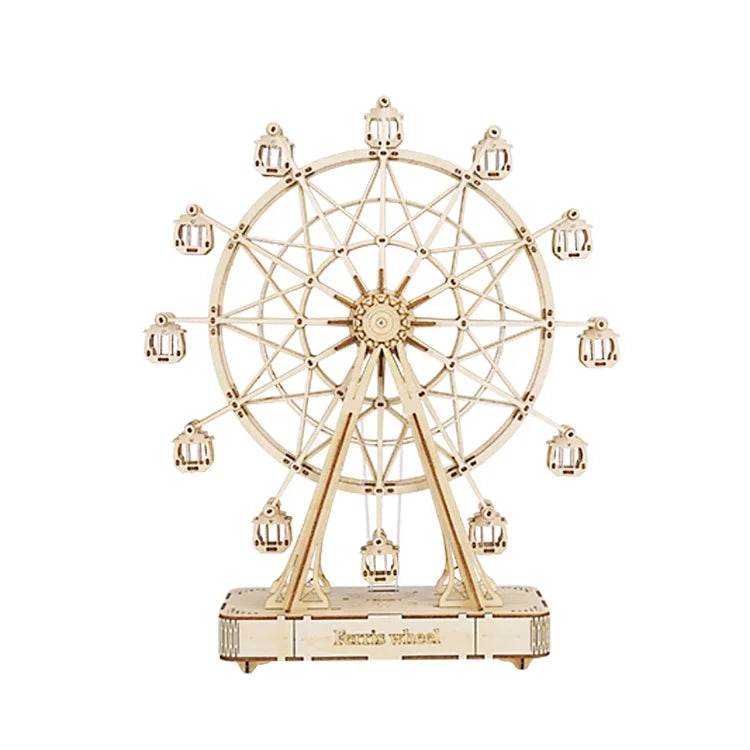 Rolife Ferris Wheel TGN01 assembled model with white sun dial topper on a plain white background showing full natural wood structure