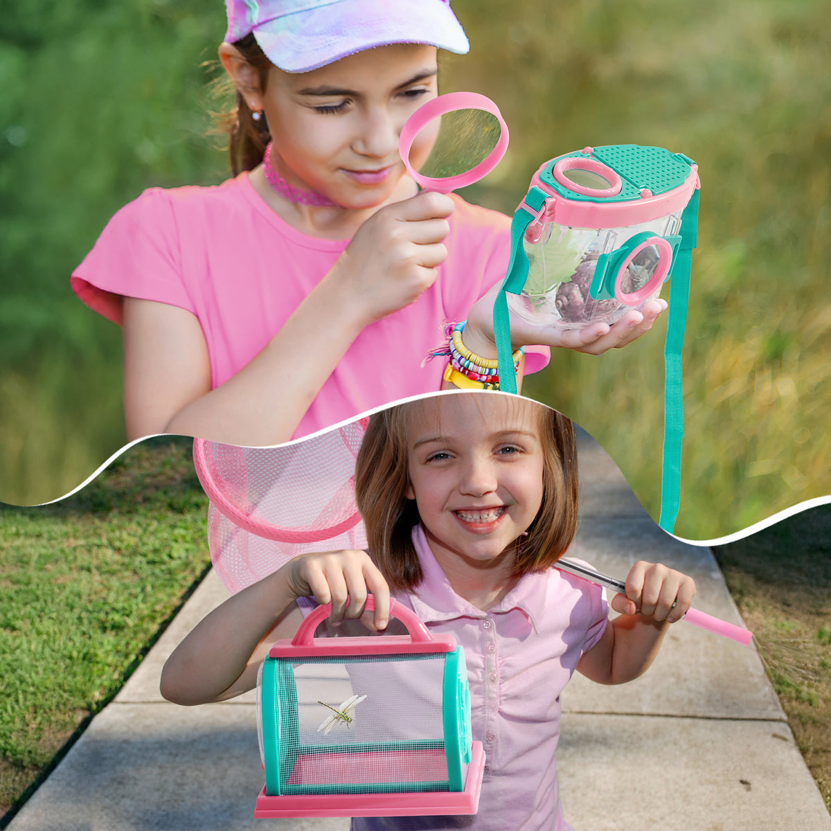 Girl in pink dress holding ROBUD pink telescopic net while chasing butterflies in a sunny meadow with another child in background