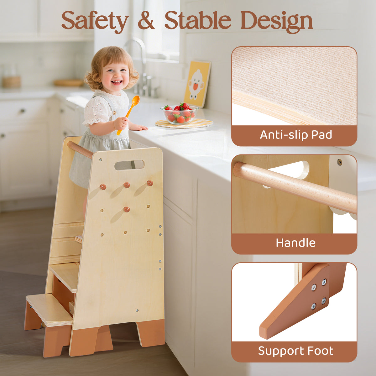 Baby standing safely at kitchen counter with ROBUD Toddler Standing Tower showing anti-slip pad, side handle and support foot construction details