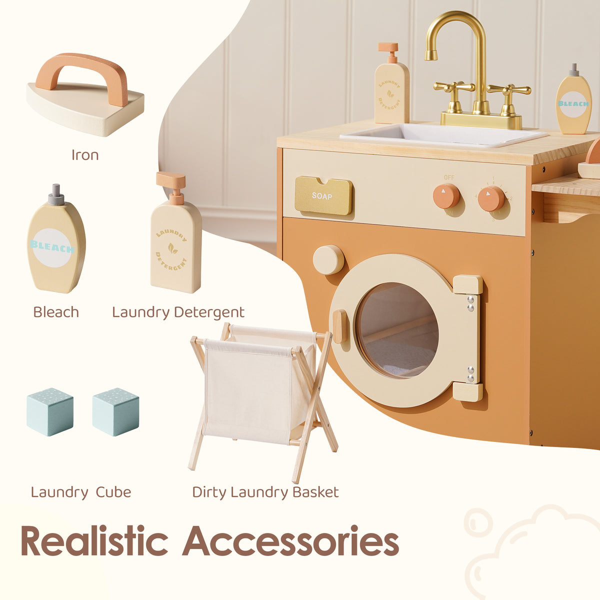 ROBUD Caramel Laundry Playset realistic accessories including bleach, detergent, laundry cube and dirty laundry basket in caramel wood