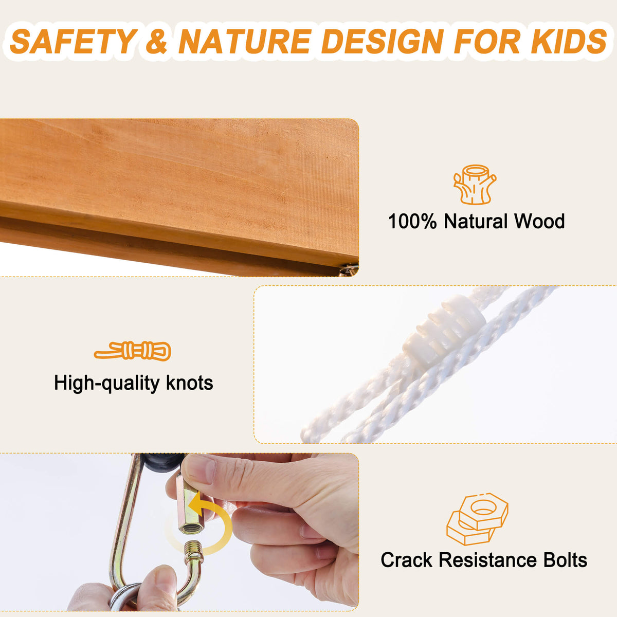ROBUD wooden swing set safety detail infographic showing 100% natural wood beam, high-quality braided rope knots and crack-resistance bolts