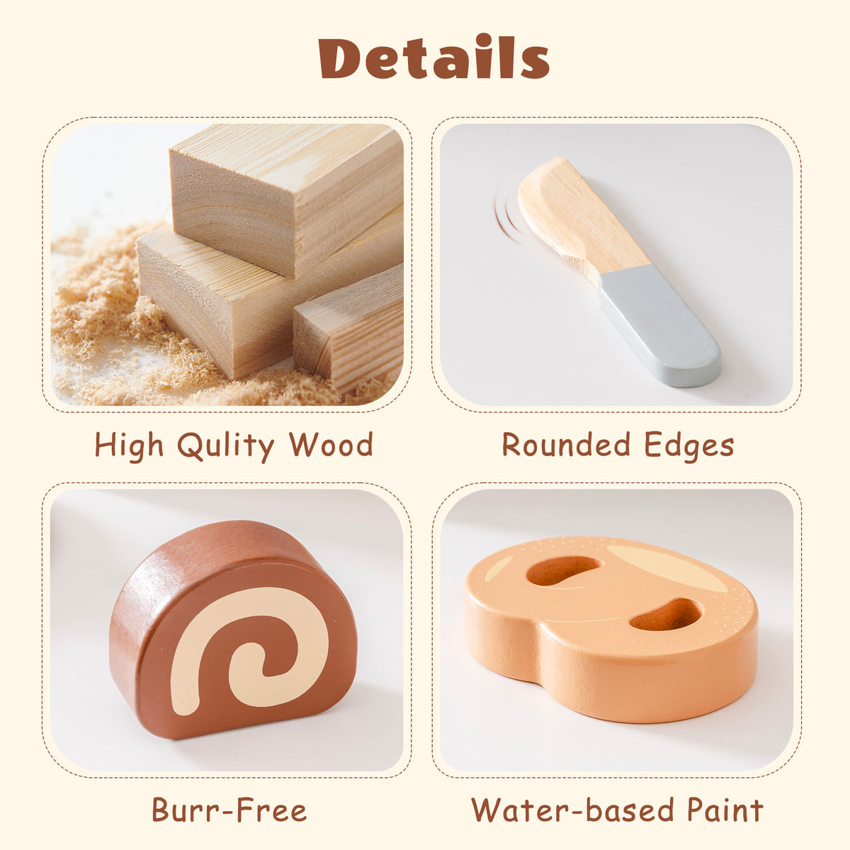 ROBUD wooden dessert cutting playset details infographic showing high quality solid wood, rounded edges, burr-free swiss roll piece, and water-based painted pretzel